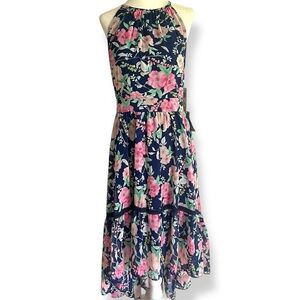 Eliza J Navy Floral Halter Midi Dress Size 12‎ Hi-Low Lined Ruffle Tier Chiffon